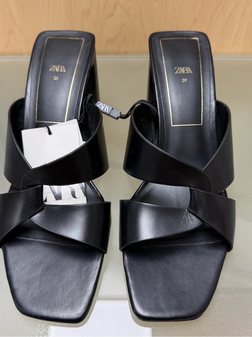 Zara Black Crisscross Square Toe Slide Heels